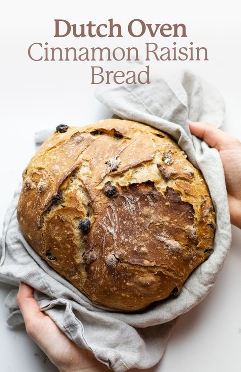 hands using a grey towel to hold a loaf of artisan cinnamon raisin bread over a white counter. Aesthetic Cinnamon Roll, Cinnamon Food, Raisin Bread Recipe, Cinnamon Raisin Bread Recipe, Mediterranean Flatbread, Cookies Cinnamon, Homemade Garlic Butter, Easy Food Recipes, Dutch Oven Bread