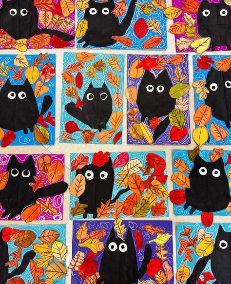 Halloween Art Lessons, Elementary Art Lesson Plans, Elementary Art Classroom, Black Kittens, Animal Art Projects, Kindergarten Art Projects, Fall Arts And Crafts, 2nd Grade Art, Fall Art Projects