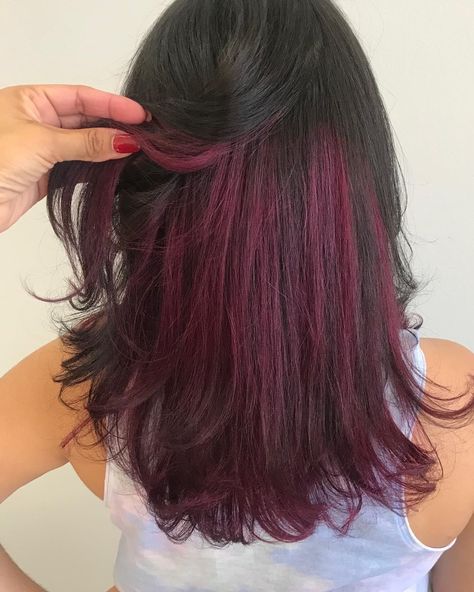 Dark Red Dyed Hair Underneath, Bottom Half Colored Hair, Dark Underdye Hair, Peak A Boo Red Hair, Undercolor Hair Ideas For Black Hair, Peek A Boo Color Hair, Red Peek A Boo Hair, Perk A Boo Hair Color, Peek A Boo Red Hair