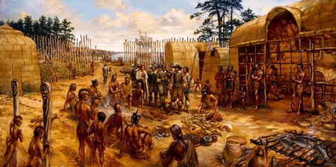 Indians and colonists lived in Jamestown. Jamestown Colony, King Painting, American Colonies, Colonial America, Us History, American Traditional, Military Art, American History, Native American