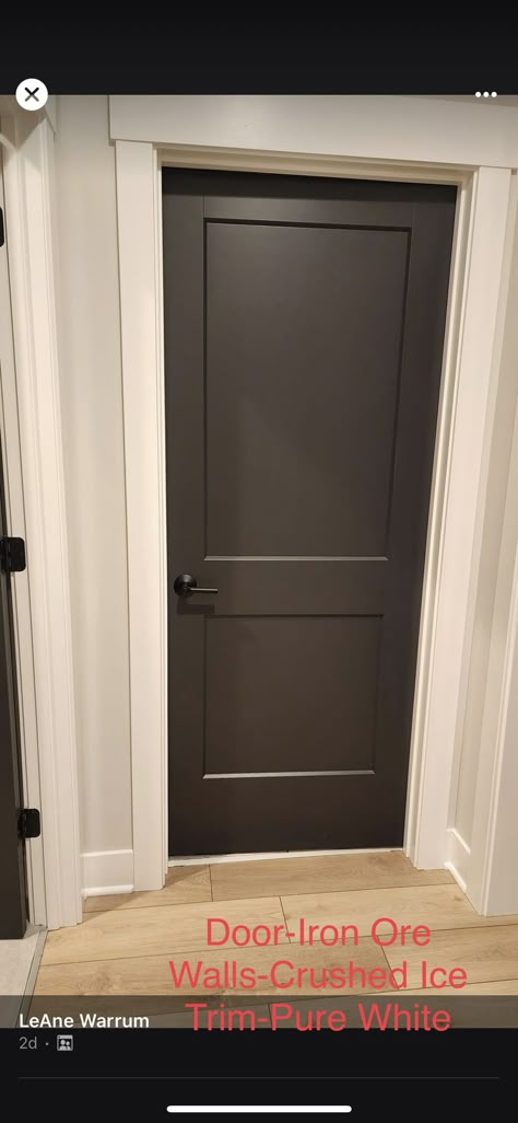 Black Flat Panel Interior Doors, Slate Interior Doors, Dark Doors Hallway, Iron Ore Sherwin Williams Interior Doors, Alabaster Walls With Black Doors, Interior Dark Doors, Peppercorn Interior Doors, Urbane Bronze Doors Interior, Farmhouse Interior Door Colors