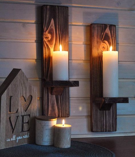 Wood Wall Sconce Candle Holder (Set of 2)| Wall-Mount Wooden Candle Holders | Wallmounted Rustic Pillar Candle | Floating Hanging Shelf | Farmhouse Decoration Handmade Candlestick (Golden Oak) Candle Wall Scones, Natural Candle Holders, Wall Mounted Candle Holders, Small Pallet, Candle Lighting, Wall Candle, Glass Votive Candle Holders, Rustic Candle Holders, Hanging Candles