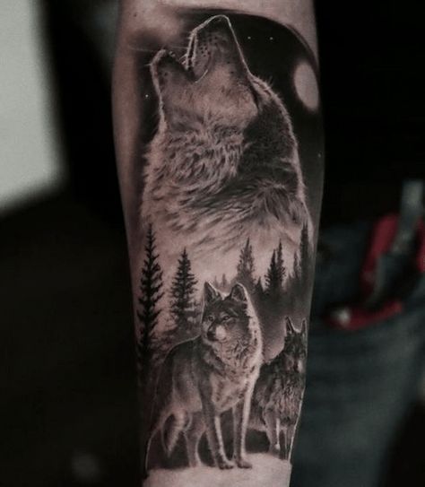 Dedicate a beautiful wolf pack tattoo to your family - find our wolf tattoo guide by clicking the pin to see more! Lone Wolf Tattoo Men Forearm, Walking Wolf Tattoo, Men’s Wolf Tattoo, Family Of Wolves Tattoo, Wolf Pack Tattoo Men, Wolf Pack Tattoo For Women, Wolf Family Tattoos For Men, Pack Of Wolves Tattoo, 3 Wolf Tattoo