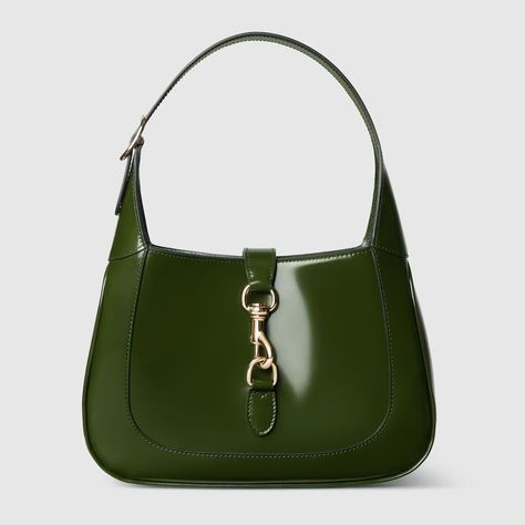 Gucci Jackie small shoulder bag in dark green leather | GUCCI® US Designer Things, Green Handbag, Green Purse, Gucci Gucci, Carrie Bradshaw, Small Shoulder Bag, Green Bag, Green Leather, Fast Fashion