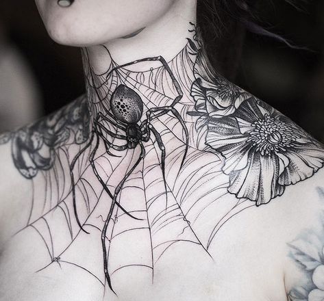 Large Spider Web Tattoo Web Neck Tattoo, Spider Web Neck Tattoo, Wallpaper Trippy, Full Neck Tattoos, Tattoo On Chest, Spider Web Tattoo, Throat Tattoo, Web Tattoo, Neck Tattoos Women