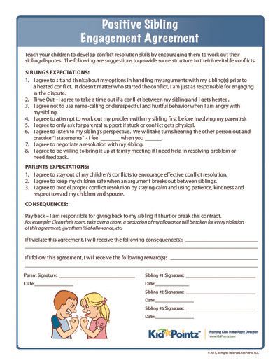 Conflict resolution is an important behavior skill kids need to learn early to reduce sibling rivalry. This agreement helps outline what sibling behavior is acceptable, and most importantly what consequences a child can expect if they break the agreement and use poor behavior. If a child violates this agreement, the discipline for this child may involve kids agreeing do the chores of another sibling, receive a sibling’s allowance, or even clean their room. Behavior Contract For Home, Kid Contracts, Sibling Conflict, Behavior Contract, Love And Logic, Sibling Relationships, Sibling Rivalry, Parenting Help, Child Therapy