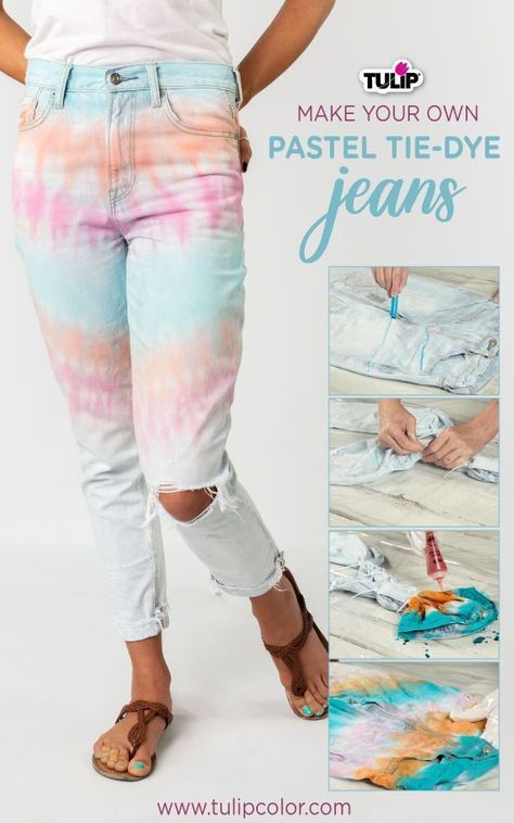 Tulip Tie Dye, Pastel Jeans, Upcycled Ideas, Make A Tie, Tie Dye Party, Dye Techniques, Awesome Crafts, Dye Jeans, Tie Dye Crafts