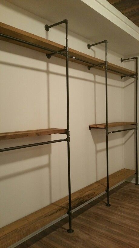 Black iron pipe master closet shelving with tall dress hanging section #olmsteadhomesteads #buildqualitylife Pipe Closet, Diy Pipe Shelves, Closet Shelving, Shelves Ideas, Tall Dress, Diy Pipe, Closet Remodel, Closet Room, Diy Casa