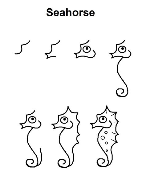 Step-by-step tutorial to draw a seahorse. Drawings Of Seahorses, Cute Easy Ocean Drawings, How To Draw A Seahorse Easy, Cute Sea Creatures Drawing Easy, Sea Dragon Drawing Easy, Starfish Drawing Easy, How To Draw Seahorse, How To Draw Sea Animals Step By Step, Ocean Animals Drawing Easy