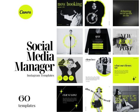 Elevate your Instagram presence with this stunning social media manager template.  A gorgeously curated grid aesthetic featuring Instagram posts and reel covers designed for Canva.

The minimalist design, infused with a vibrant neon green accent, brings an edgy and modern touch to your branding.  Perfect for small business social media managers, freelancers, and agencies looking to establish a captivating and consistent feed without spending countless hours on content creation.  

These user-friendly Canva templates are simple to customize, empowering you to craft visually appealing content effortlessly.  
.#CanvaTemplates #SocialMediaDesign #InstagramIdeas #PinterestTemplates #CreativeCanva Bold Instagram Template, Company Social Media Posts Design, Edgy Social Media Design, Posts Design Social Media, Marketing Agency Moodboard, Aesthetic Social Media Design, Minimalistic Brand Design, Social Media Agency Instagram Feed, Social Media Design Layout