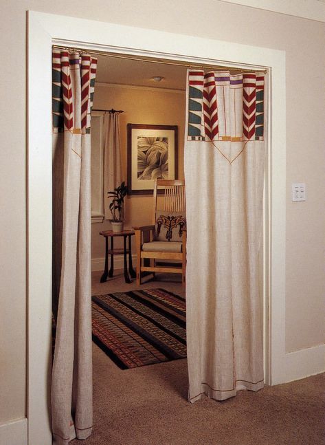 Craftsman Curtains, Hallway Curtains, Craftsman Trim Window, Closet Door Alternative, Door Alternatives, Curtains Pictures, Closet Curtains, Doorway Curtain, Sliding Closet Doors