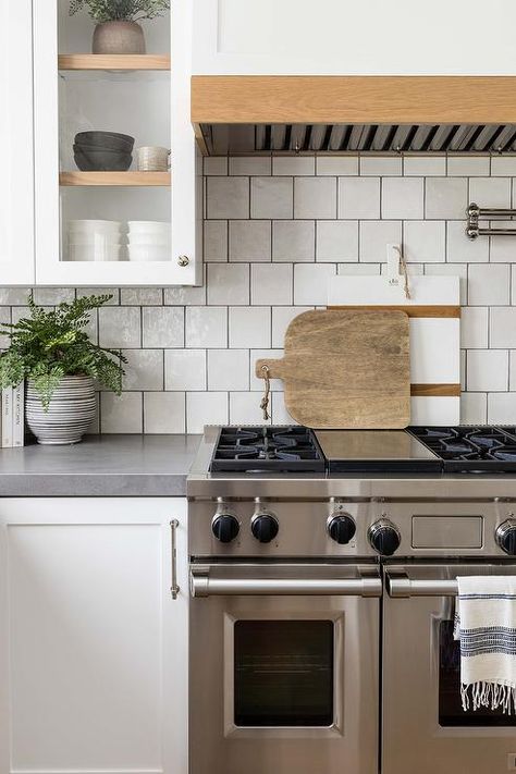 Square Subway Tile, Green Grout, Wooden Range Hood, Pure Salt Interiors, Flip House, Cottage Style Kitchen, White Ceramic Tiles, Kitchen Details, Glazed Ceramic Tile