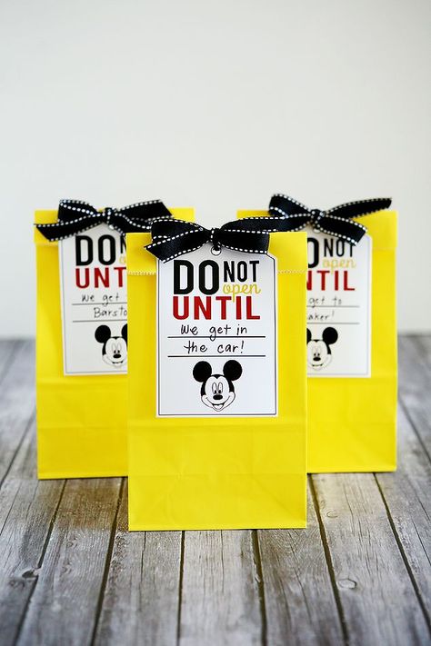 Fun Disney vacation bags - Ideas on how to break the trip to Disney World (or Disneyland) up with fun gift bags Photo Gift Tags, Disneyland Vacation, Customized Photo Gifts, Disneyland Trip, Disney Tips, Disney World Trip, Disney World Vacation, Disney Crafts, Disney Trip