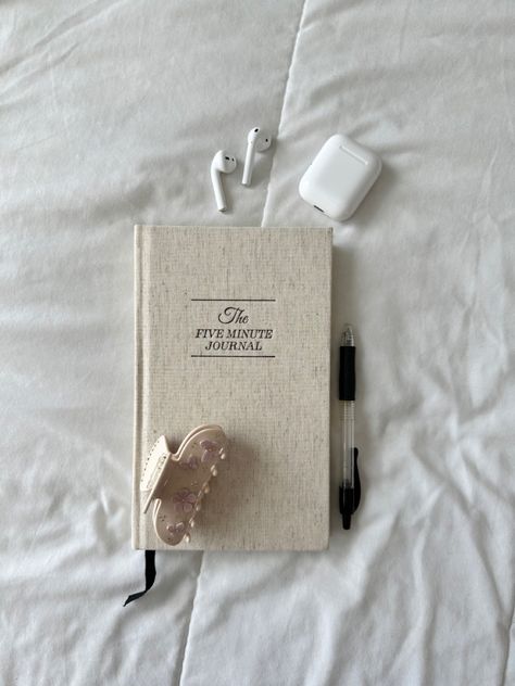 apple airpods, five minute jounral, pilot pen, cute hair clip, aesthetic Vision Board Aesthetic Pictures Journaling, Journal Astetic Pictures, Wellness Journal Aesthetic, Journaling Asthetic Picture, Aesthetic Wellness Pictures, Journaling Astethic, 5 Minute Journal Aesthetic, Five Minute Journal Aesthetic, Journaling Aesthetic Pictures