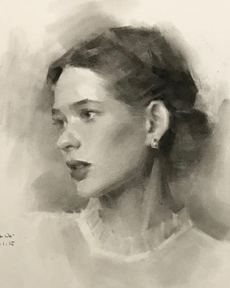 Lovely profile by huihuabiji Portraiture Painting, 얼굴 그리기, Charcoal Portraits, Charcoal Sketch, Charcoal Art, Art Diary, Graphite Drawings, Arte Sketchbook, Portrait Sketches