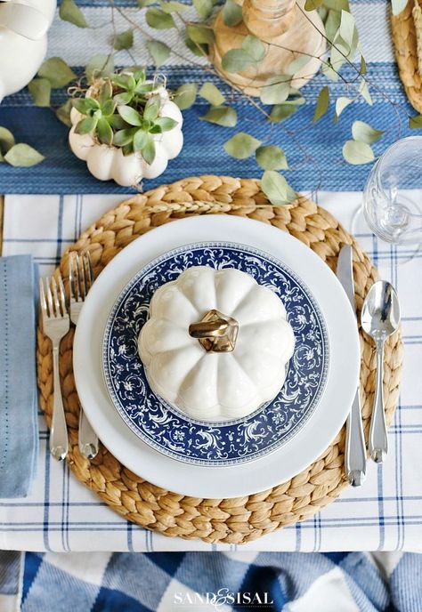 A Blue and White Thanksgiving Table White Pumpkin Soup, Blue And White Thanksgiving Table, Blue And White Thanksgiving, Pumpkin Soup Bowls, White Thanksgiving Table, Blue Thanksgiving Table, Thanksgiving Table Settings Centerpieces, Blue And White Tablescapes, Easy Thanksgiving Decorations