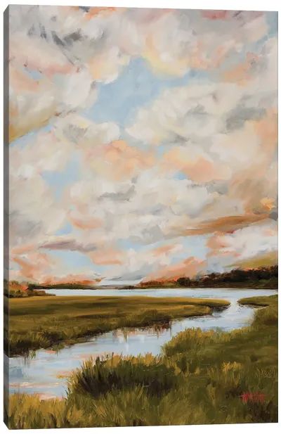 Marsh Landscape, Puffy Clouds, Cloud Painting, Coastal Landscape, Original Landscape Painting, Low Country, Decoration Christmas, Large Painting, Swans