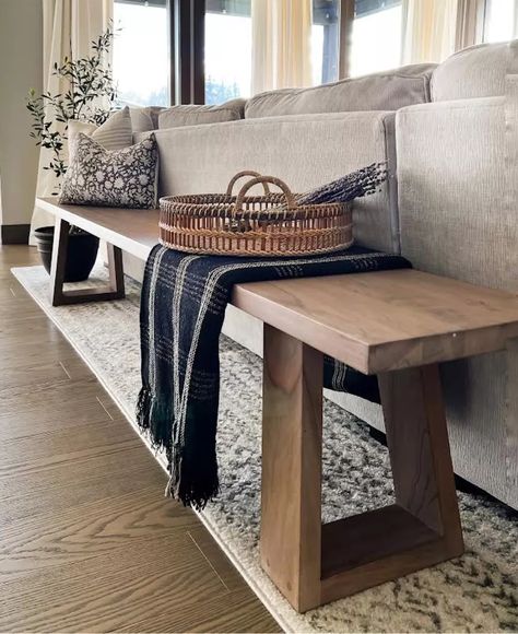 Loving Room Side Tables, Accent Column Living Rooms, Sofa Benches Living Room, Couch Bench Living Room, Back Of Couch Entryway, Behind Sofa Bench, Front Room Living Room Ideas, Black White Oak Living Room, Organic Modern Island Decor