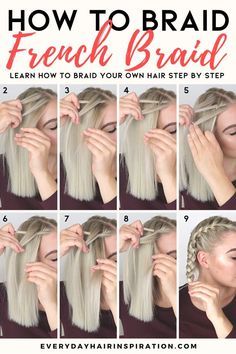 French Braid Your Own Hair, French Braid Short Hair, How To French Braid, Braid Your Own Hair, Braid Your Hair, French Braids Tutorial, Braids Step By Step, How To Braid, Braiding Your Own Hair