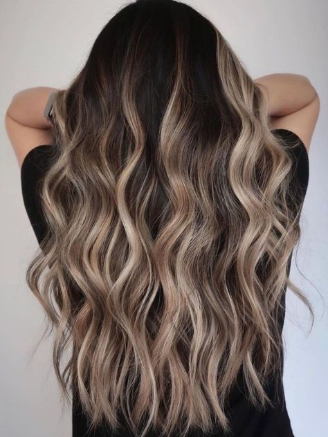 Dark Hair with Blonde Balayage Dark Brown With Blonde Balayage, Darker Blonde Balayage, Dark Brown To Blonde Balayage, Balage Hair, Dyed Hair Ombre, Blonde Hair With Roots, Ombre Hairstyles, Balayage Long Hair, Blonde Highlights On Dark Hair