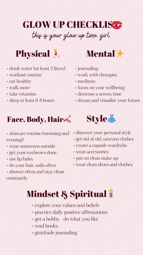 self care, beauty, health and wellness, glow up checklist, make up, style, beauty aesthetic, spiritual growth, better version of you Spiritual Glow Up Checklist, Holiday Glow Up Checklist, Glow Up Spiritually, Better Self Aesthetic, Body Glow Up Tips, Self Care Glow Up, Mental Glow Up Checklist, Glow Up Habits, How To Glow Up Mentally