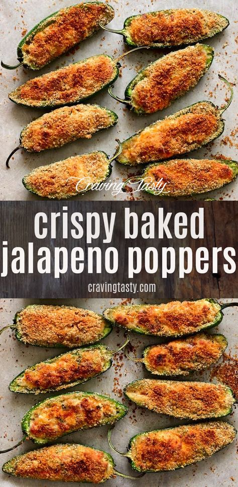 Oven baked jalapeno poppers, with crispy golden-brown tops and gooey cheesy filling. Great party food for family gatherings, potlucks or game day celebration. They're loaded with classic popper flavors of cream cheese, sharp cheddar and lots of bacon. Baked Jalapeno Poppers, Craving Tasty, Food For Family, Jalapeno Popper Recipes, Poppers Recipe, Jalapeno Recipes, Jalapeno Poppers, Sharp Cheddar, Oven Baked