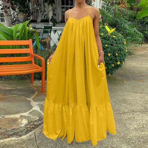 Lightweight Casual Sleeveless Ruffled Maxi Dress Long Dresses Casual Maxi, Womens Camisoles, Backless Maxi Dresses, Maxi Robes, Medium Dress, Large Dress, Halter Neckline, Solid Dress, Sleeveless Maxi Dress