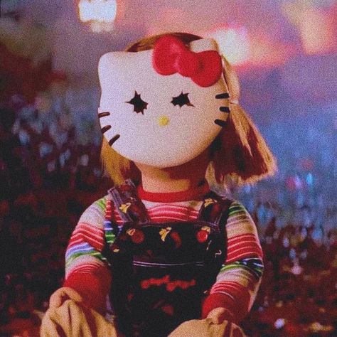 🎃~Halloween icons~🎃 💀\Hello Kitty/💀 Chucky Hello Kitty, Chucky Dress, Chucky Aesthetic, Villain Mentality, Icons Hello Kitty, Colored Aesthetic, Horror Slashers, Green Room Decor, Anime Rapper