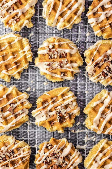 Belgian Waffle Cookies, Waffle On A Stick Ideas, Waffle Cookies Recipe, Waffle Iron Cookies, Fall Waffles, Chewy Sugar Cookie Recipe, Maple Cookies, Maple Recipes, Waffle Iron Recipes