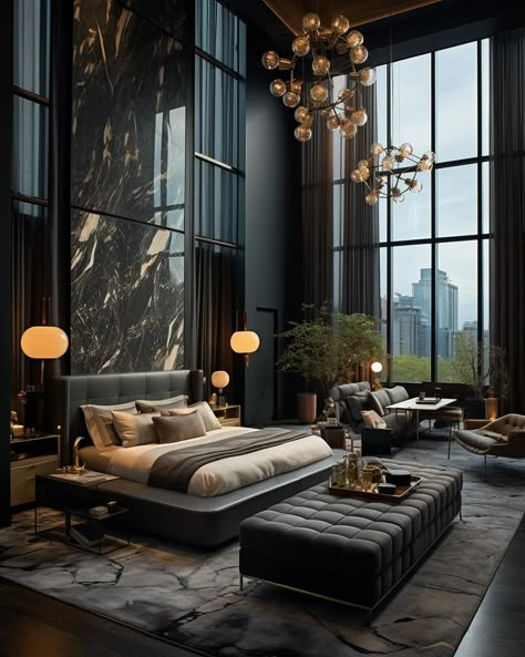 If my home looked like this, I would stay home all day✨🖤 We design spaces worldwide, find out more information on our website! #interiordesign #interior Black Marble Bedroom, Black Home Interior Design, Black Luxury Bedroom, Marble Accent Wall, Marble Bedroom, Dark Deco, Nyc Townhouse, Royal Room, Royal Bedroom