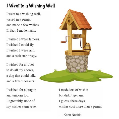 English Poem For Grade 2, Wishing Well Quotes, 20 Line Poems, English Poems For Children, English Recitation, Short Poems For Kids, Poem English, Wishing Well Poems, Funny Poems For Kids