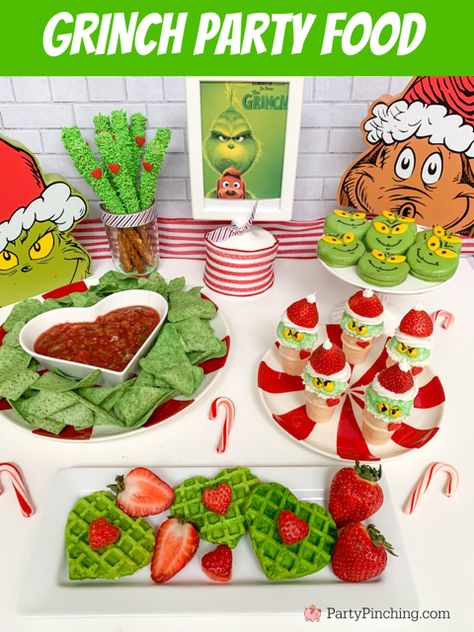 best grinch movie party food recipe ideas, easy best grinch food dessert snack movie party ideas recipes for kids, guacamole chips and salsa grinch, grinch movie, grinch max movie snacks party, grinchguacamole chips & salsa, grinch oreos cookies, grinch strawberry ice cream cones, grinch pretzel rods, grinch green heart waffles Grinch Christmas Snack Ideas, Grinch School Party Ideas, Grinch Watch Party, Grinch Christmas Gift Ideas Diy, Grinch Themed Food For Kids, Grinch Breakfast Ideas For Kids, Kids Christmas Party Ideas Food, Who Hash Grinch, Grinch Theme Snacks