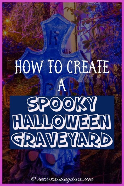 Find out how to create a Halloween cemetery for your yard haunt. All kinds of ideas for Halloween outdoor decorations. #entertainingdiva #yardhaunt #halloweendecor #diyhalloween #halloween #halloweenoutdoordecor Diy Halloween Pillars, Halloween Graveyard Ideas, Spooky Halloween Yard, Halloween Yard Haunt, Diy Halloween Graveyard, Halloween Fence, Spooky Outdoor Halloween Decor, Halloween Gravestones, Halloween Cemetery