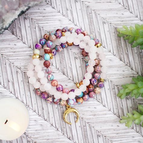 108 Mala Beads Natural Rose Quartz Jasper Stone Beaded Necklace Horn Metal Charm Size: About 36 Inch Bracelets Hippie, Rose Quartz Mala, Om Bracelet, Buddhist Bracelet, Bohemian Style Jewelry, Wrist Mala, Hippie Bracelets, 108 Mala Beads, Rose Quartz Bracelet