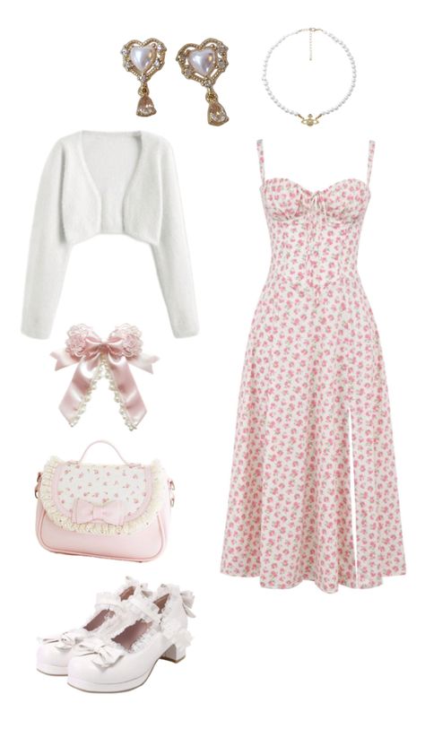 #pink #white #sundress #formal #outfit #inspo #cute #bow #lace #pearls Outfits With Bows, Outfit Inspo Cute, White Sundress, Formal Outfit, White Outfits, Pink And White, Sundress, Trendy Outfits, Pink White