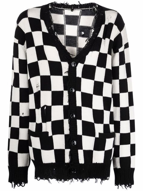 Black/white cotton checkerboard button-front cardigan from R13 featuring knitted construction, ribbed cuffs, checkerboard knit, V-neck and frayed hem. Perfect Cardigan, Button Front Cardigan, Winter 2022, Cashmere Wool, Wool Cardigan, Thom Browne, Black Cardigan, Knitwear Women, Designer Collection