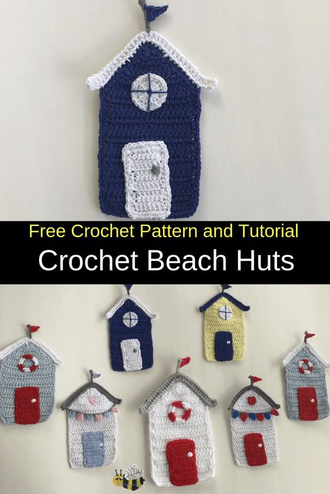 Crochet House Appliques, Nautical Crochet Patterns, Crochet Scandinavian, House Crochet Pattern, Seaside Wreath, Nautical Crochet, Coastal Crochet, Crochet House, Crochet Applique Patterns Free