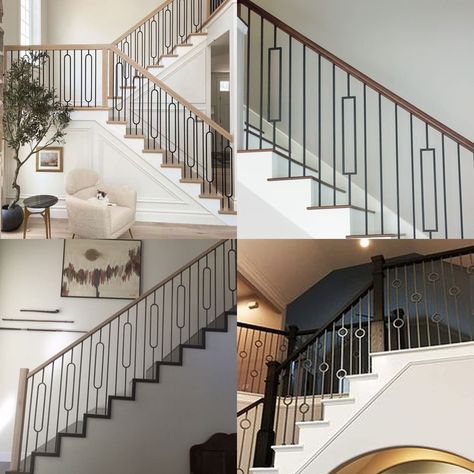 Barn House Living Room, Art Deco Stairs, Metal Stair Spindles, Black Railing, Foyer Stairs, Metal Spindles, Modern Railing, Modern Stair Railing, Stair Spindles