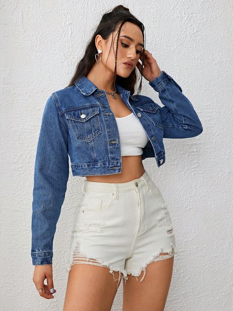 Medium Wash Casual Collar Long Sleeve Denim Plain Other Embellished Non-Stretch  Women Clothing Crop Jean Jacket Outfit, Cropped Jean Jacket Outfit, Crop Denim Jacket, Jean Jacket Outfits, Outfit 2022, Jean Bleu, Crop Jean Jacket, Cropped Denim Jacket, Denim Jacket Women