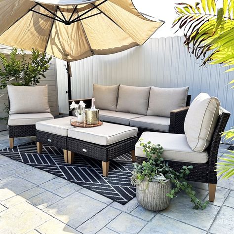 Elevate your outdoor living space with this  Patio Outdoor Wicker Sofa Set. The handwoven resin wicker and all-steel frame provide a contemporary design that is both lightweight and durable. Tan Patio Furniture Decor, Black And Beige Patio Decor, Backyard Conversation Area, Long Patio Furniture Layout, Deck Patio Furniture, Deck Furniture Ideas, Backyard Furniture Ideas, Small Deck Furniture Layout, Cozy Patio Ideas