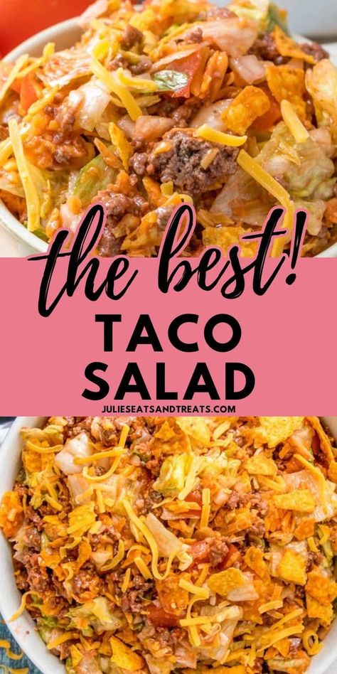 Make this easy Dorito Taco Salad for your next potluck, backyard party or for dinner. Loaded with flavor from the ground beef, lettuce, cheese, onions, tomatoes and Nacho Cheese Doritos and then covered with Catalina dressing. It's an easy summer salad everyone will love! Potluck Taco Salad, Taco Dip With Catalina Dressing, Doritos Pasta Taco Salad, Veterans Day Dinner Ideas, Quick And Easy Dinner Recipes Mexican, Things To Bring To Potluck, Easy Dorito Taco Salad, Cold Dishes For Potluck Easy Recipes, Fast Easy Potluck Dishes