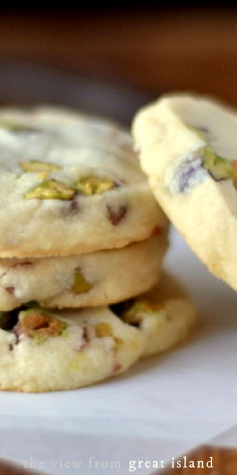 a stack of pistachio shortbread cookies The View From Great Island Recipes, Pistachio Shortbread Cookies, Pistachio Shortbread, Cranberry Orange Shortbread Cookies, Peach Bread, The View From Great Island, Pistachio Cookies, Lemon Yogurt, Bake Cookies