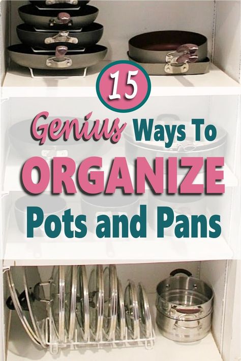 Organize your pots and pans once and for all with these brilliant kitchen storage solutions. Frustrated with the amount of cookware storage in your home & looking for storage ideas to organize pots and pans? I hear ya! Organizing pots and pans can be a pain, especially if you have a small kitchen or little cabinet storage space to fit everything. Luckily there are plenty of organizational ideas to finally get the chaos under control, maximize space, and finally organize your cookware. #organize Organize Pots And Pans In Cabinet, Pot And Pan Storage Ideas, Pots And Pans Storage Diy, Organize Pots And Pans, Pots And Pans Storage, Cookware Organization, Cookware Storage, Pan Storage, Organizational Ideas