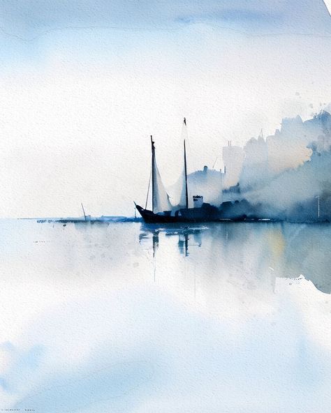 Boats In Watercolor, Watercolour Boat, Sailboat Watercolor, Watercolor Minimalist Art, Sea Watercolor, Watercolor Landscape Tutorial, Watercolor Boat, Watercolor Scenery, Watercolor Art Landscape