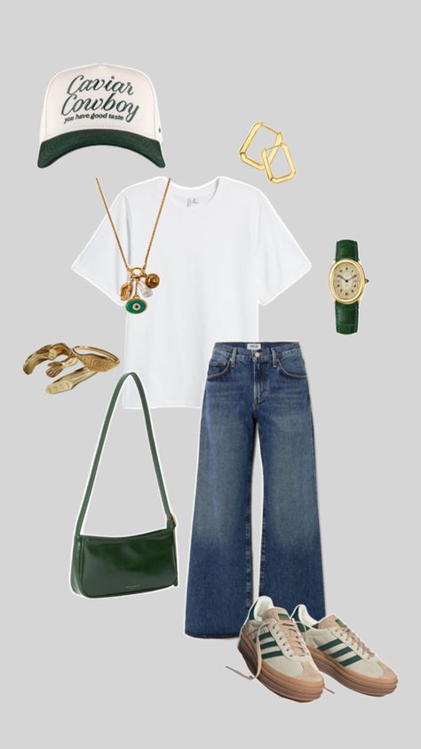 elevated white tee - gold jewelry - green watch - green purse - green sambas - green adidas shoes - caviar cowboy hat - running errands outfit - casual chic - trucker hat #ootd #outfitoftheday #casualchic #casualoutfit #greenhat #greendetails Casual Green Outfit, Green Purse Outfit, Green Sambas, Caviar Cowboy, Hat Outfit Fall, Green Adidas Shoes, Trucker Hat Outfit, Running Errands Outfit, Purse Outfit