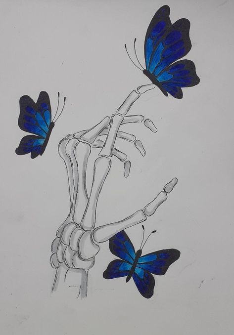 Skeleton Hand With Butterfly Drawing, Skeleton Art Butterfly, Drawings Ideas Butterfly, Cute Butterfly Sketch, Drawing Inspo Butterfly, Skeleton Drawings Aesthetic, Drawing Butterfly Sketches, Butterful Drawing, Skeleton Butterfly Drawing