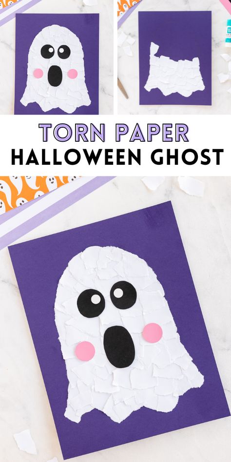 This Easy Torn Paper Ghost Craft is such a fun and simple craft for kids of all ages.   You only need paper, glue,  and under 30 minutes to complete this craft for the Halloween season. Halloween School Age Crafts, Crafts For 10-12, Halloween Craft Kids First Grade, Halloween Craft Construction Paper, Halloween Glue Crafts, Easy Back To School Crafts For Kindergarten, Halloween Ghost Crafts Preschool, Easy Halloween Craft 2nd Grade, Halloween Kindergarten Crafts Easy