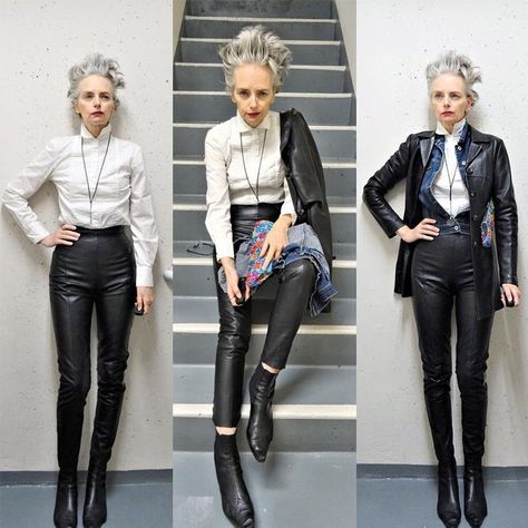 Melanie is wearing white long sleeves over black leather jacket and leather trousers with black pointed boots | fashion over 40 | 40plusstyle Rock Style Fashion Women, Modern Punk Fashion, Punk Fashion Women, Rock Chic Outfits, Edgy Outfits For Women, Svarta Outfits, Rocker Chic Outfit, Rock Chick Style, Punk Chic