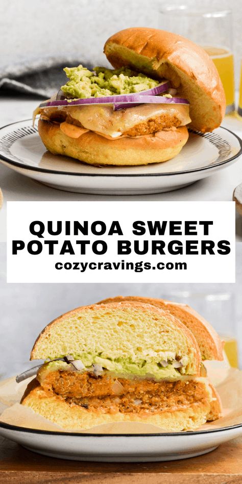 This sweet potato quinoa burger is my absolute favorite veggie burger. It has so much flavor and so many delicious ingredients, how could it not be? It's a great healthy weeknight meal! Veggie Burger Recipe Easy, Sweet Potato Burger, Sweet Potato Veggie Burger, Potato Burger, Vegetarian Burger Recipe, Quinoa Veggie Burger, Sweet Potato Quinoa, Quinoa Burger, Sweet Potato Burgers