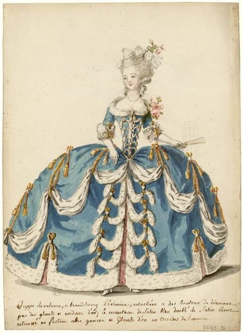 Grand habit de cour, French court gown, 18th century fashion plate | Grand Ladies | gogm French Court Dress, 18th Century French Fashion, 1700 Fashion, Hoop Dress, Rococo Dress, 18th Century Dress, Rococo Fashion, Court Dresses, 18th Century Fashion